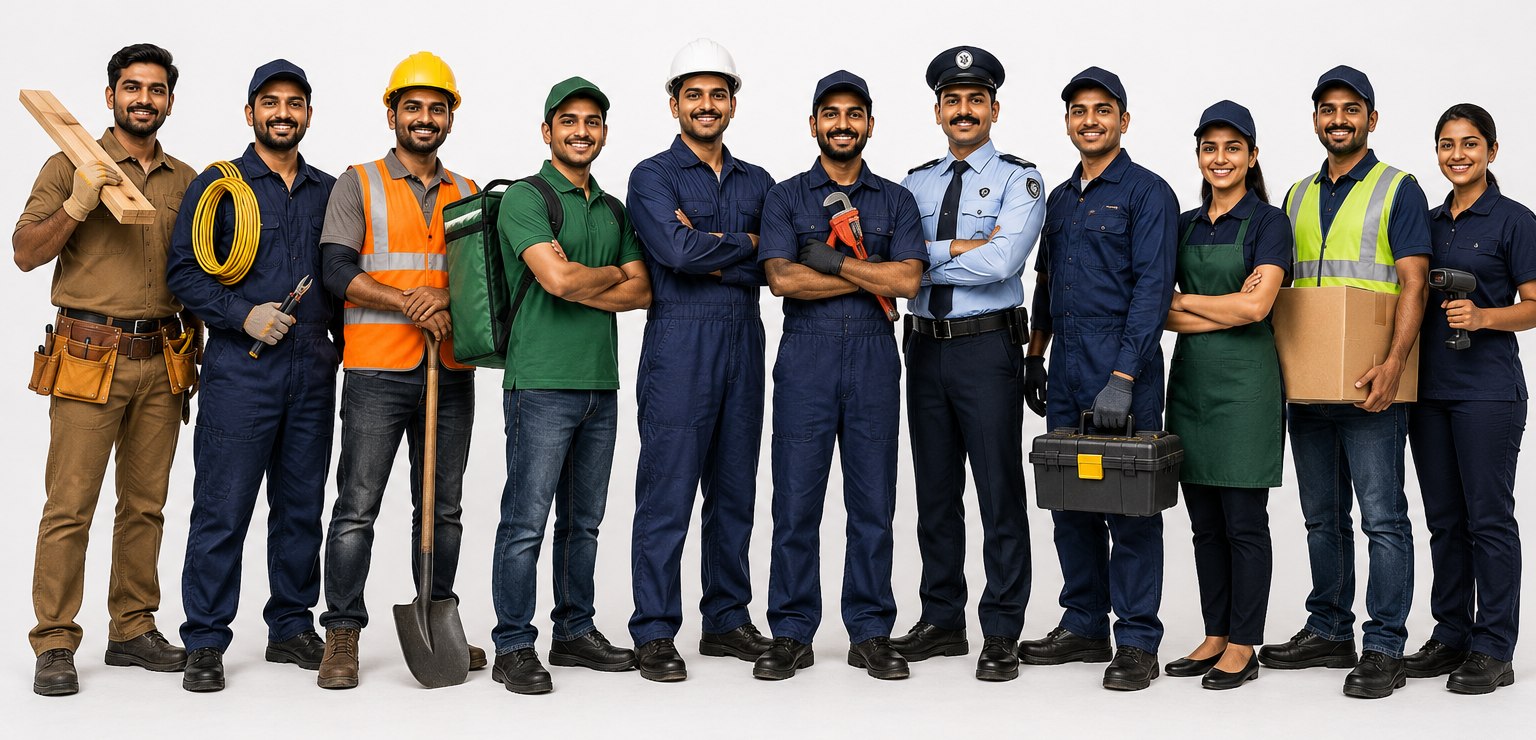 A lineup of blue-collar and frontline workers YOMA deploys — including a carpenter, electrician, security guard, delivery rider, technicians, a retail associate, and a warehouse picker