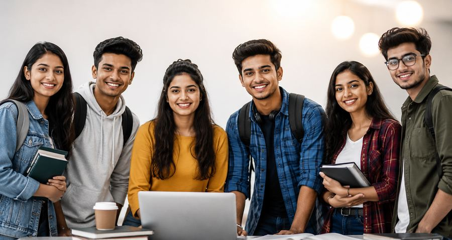 Group of young apprentices and trainees smiling together around a laptop