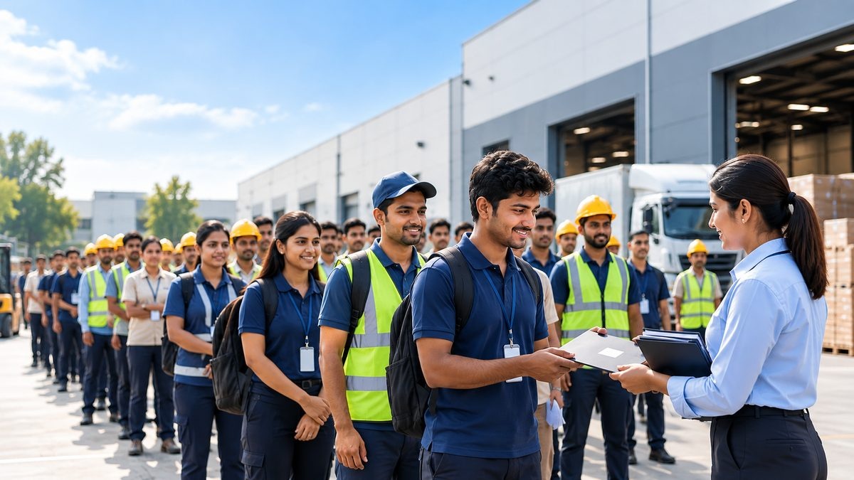 Candidates queuing at a large-scale hiring drive while a YOMA recruiter collects documents outside a warehouse facility