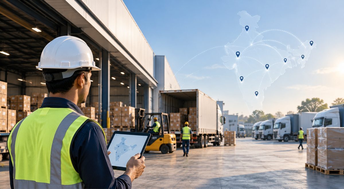 Warehouse supervisor reviewing pan-India deployment locations on a tablet