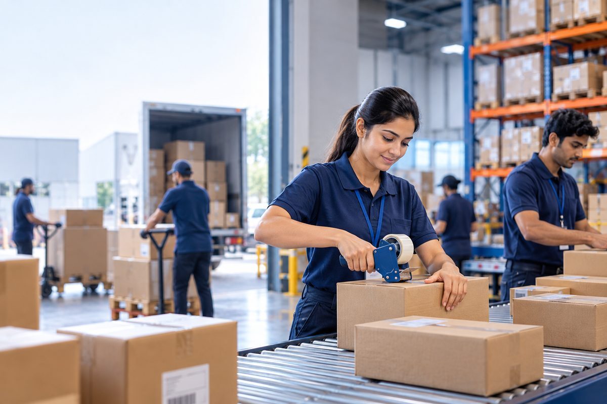 Fulfillment centre associates packing and dispatching orders on a conveyor line
