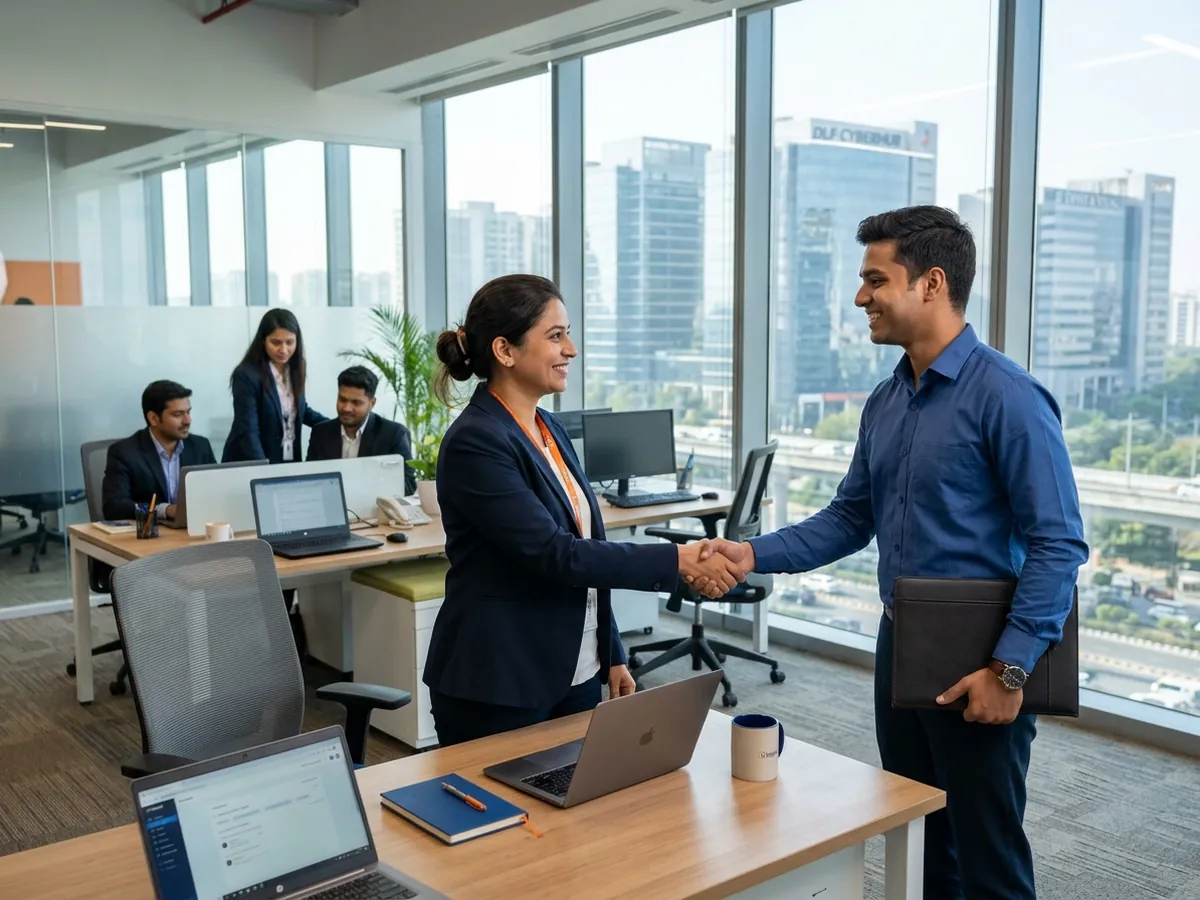 Recruiter from Yoma shaking hands with a candidate in a Gurgaon Cyber City office